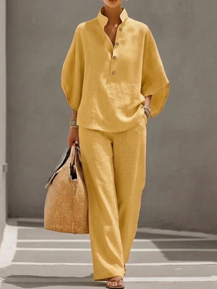 Elena Set de lino de algodón Mangas Batwing Pantalones anchos