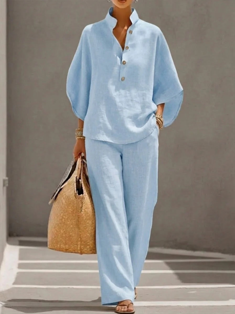 Elena Set de lino de algodón Mangas Batwing Pantalones anchos