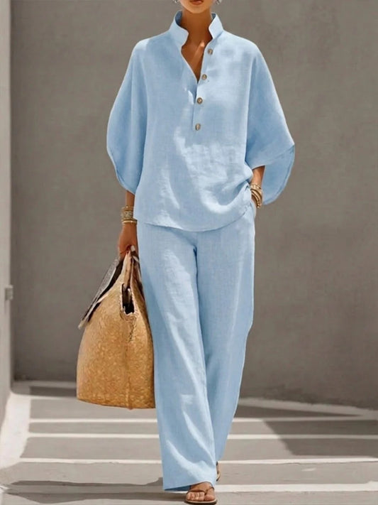 Elena Set de lino de algodón Mangas Batwing Pantalones anchos