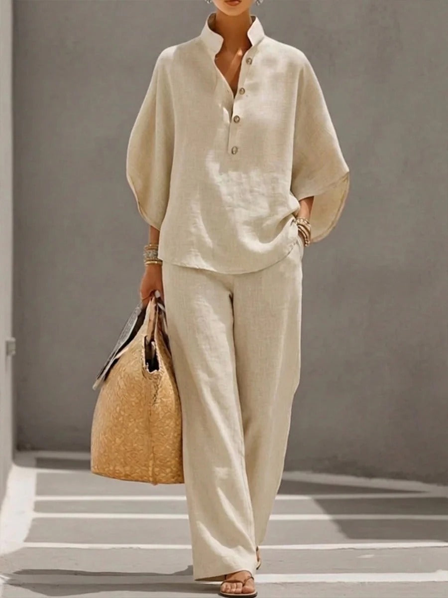 Elena Set de lino de algodón Mangas Batwing Pantalones anchos