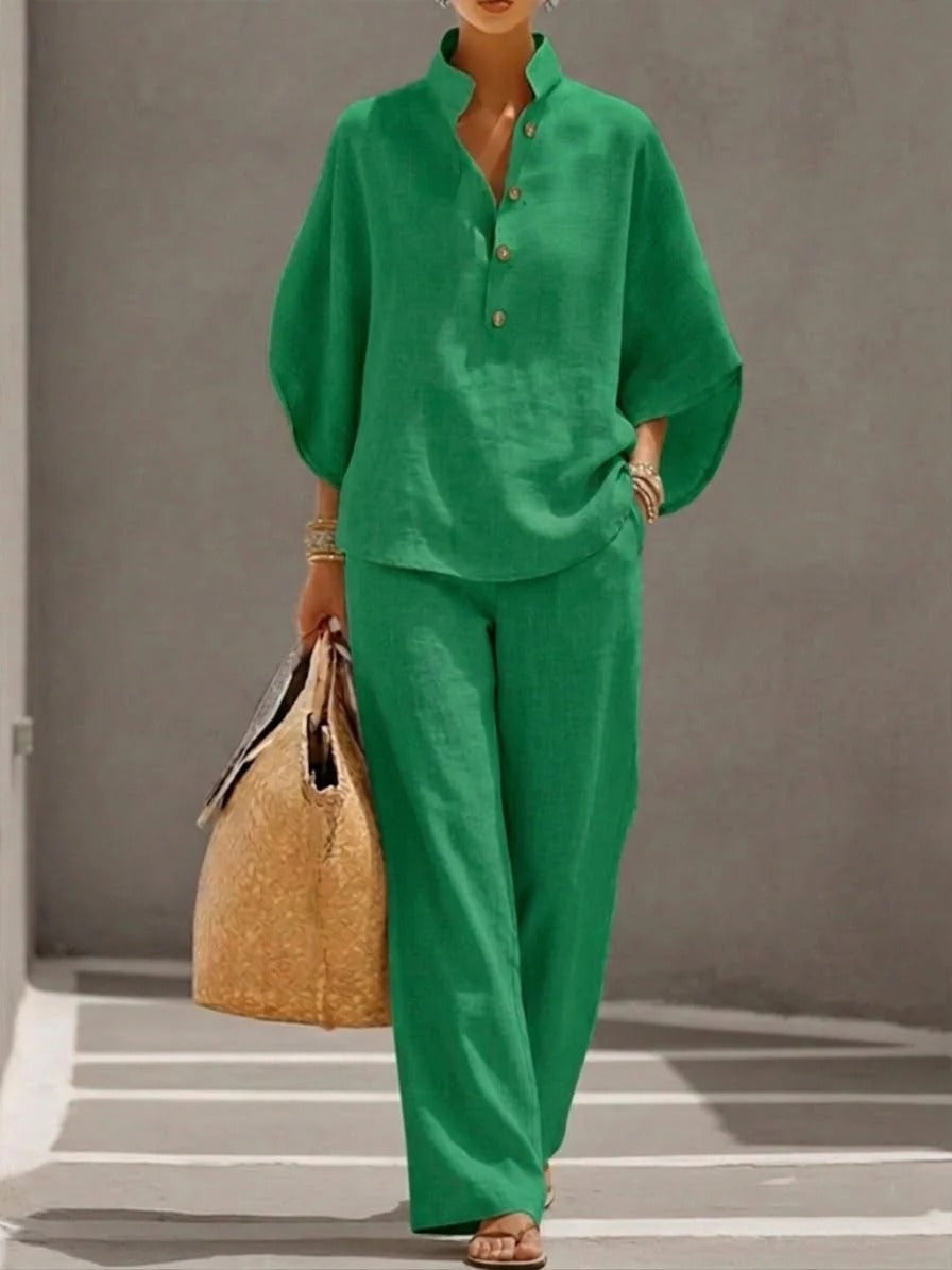 Elena Set de lino de algodón Mangas Batwing Pantalones anchos