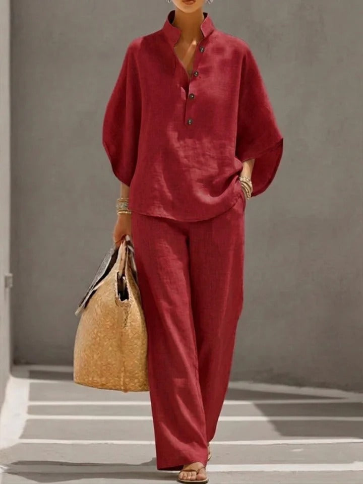 Elena Set de lino de algodón Mangas Batwing Pantalones anchos